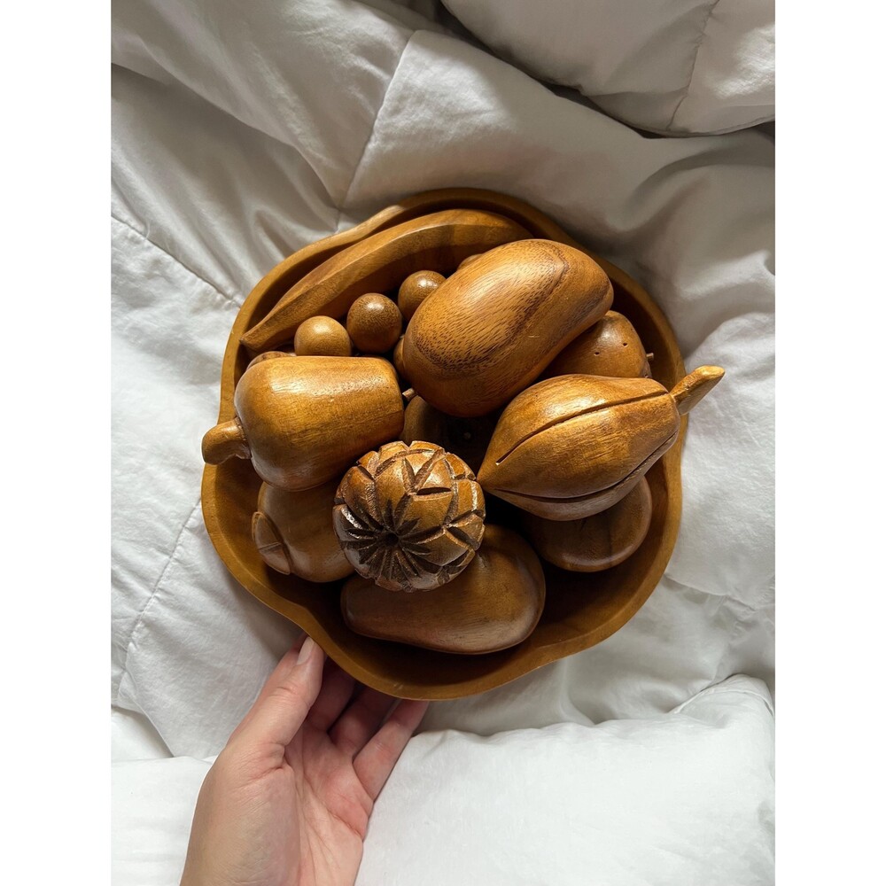Vintage Mid-century Modern Carved Wood Fruit Set with Bowl by Leilani